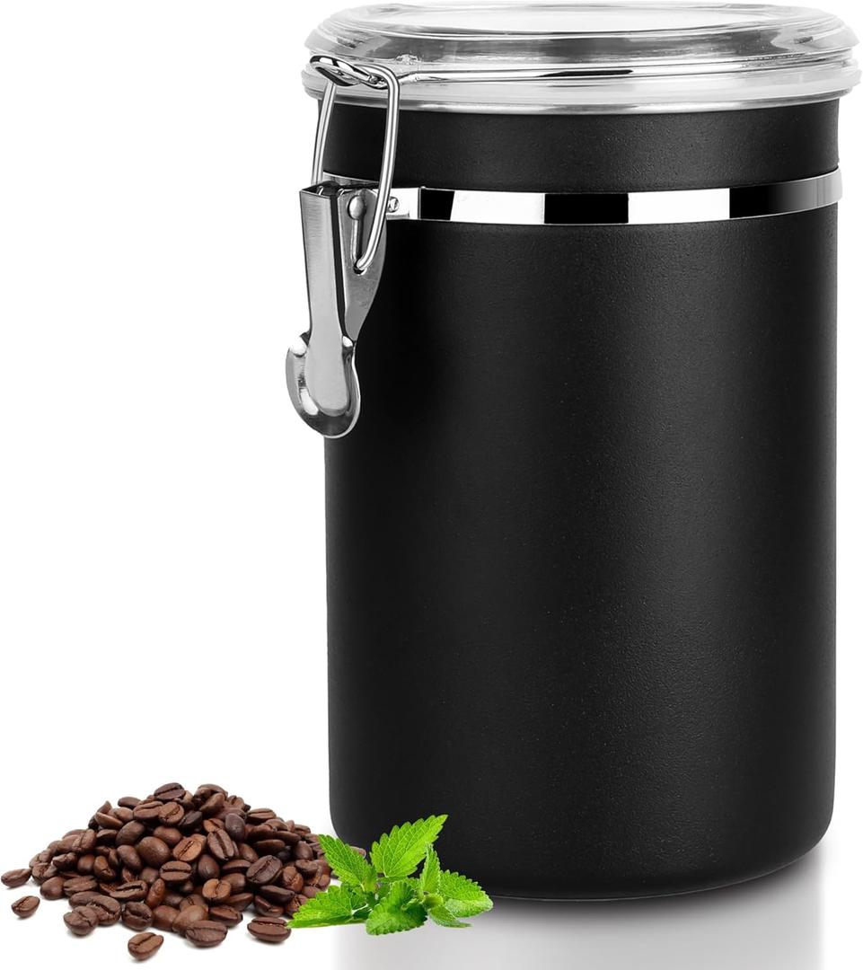 Airtight Coffee Canister with Clear Lids, Large Container for Ground Coffee 1.8L/62 floz Stainless Steel Storage Container Jar for Bean, Cereal, tea, Flour, Sugar (Dark Black) (1.8L Dark Black)