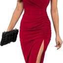 ihot 2026 Women's Sexy V Neck Sleeveless Side Slit Ruched Bodycon Faux Wrap Party Cocktail Work Midi Dress (Large, Red)