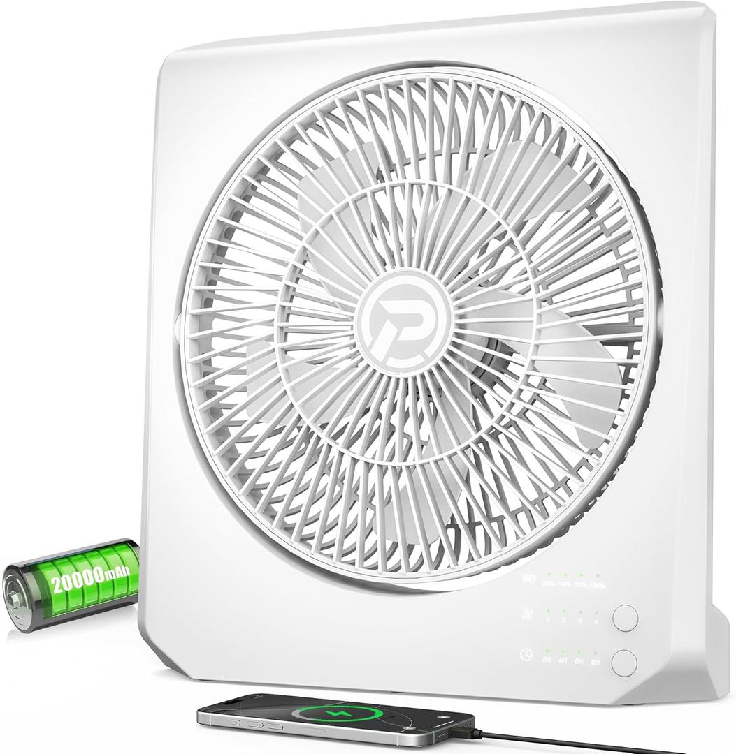 10Inch Portable Small Box Fan, 20000mAh Rechargeable Battery Operated, Max 55Hrs Cooling, 4 Speeds, 270 Pivoting, Cordless Square Table Fan with Timer for Window Bedroom Kitchen Office Power Outage (White)