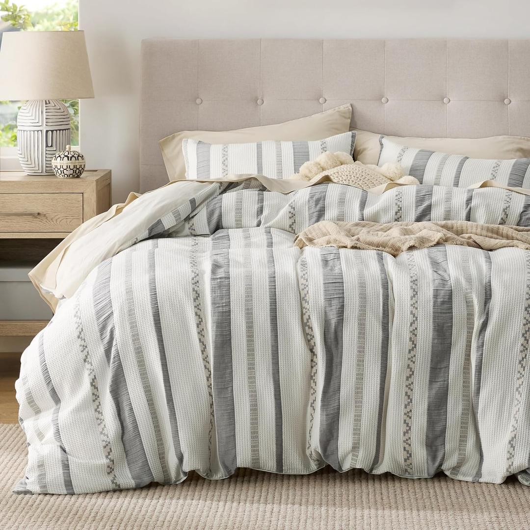 Bedsure Waffle Weave Duvet Cover King - 100% Cotton Boho Duvet Cover with 2 Pillowcases - Cream White Textured Comforter Cover with Zipper Closure (King, 104"x90") (19 - Strip White (No Comforter))