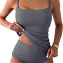 Eomenie Women's Swimsuit Tankini Tummy Control Bathing Suits Two Piece Full Coverage Slim Swim Suits with High Waisted Bottom (Grey-ribbed) Small