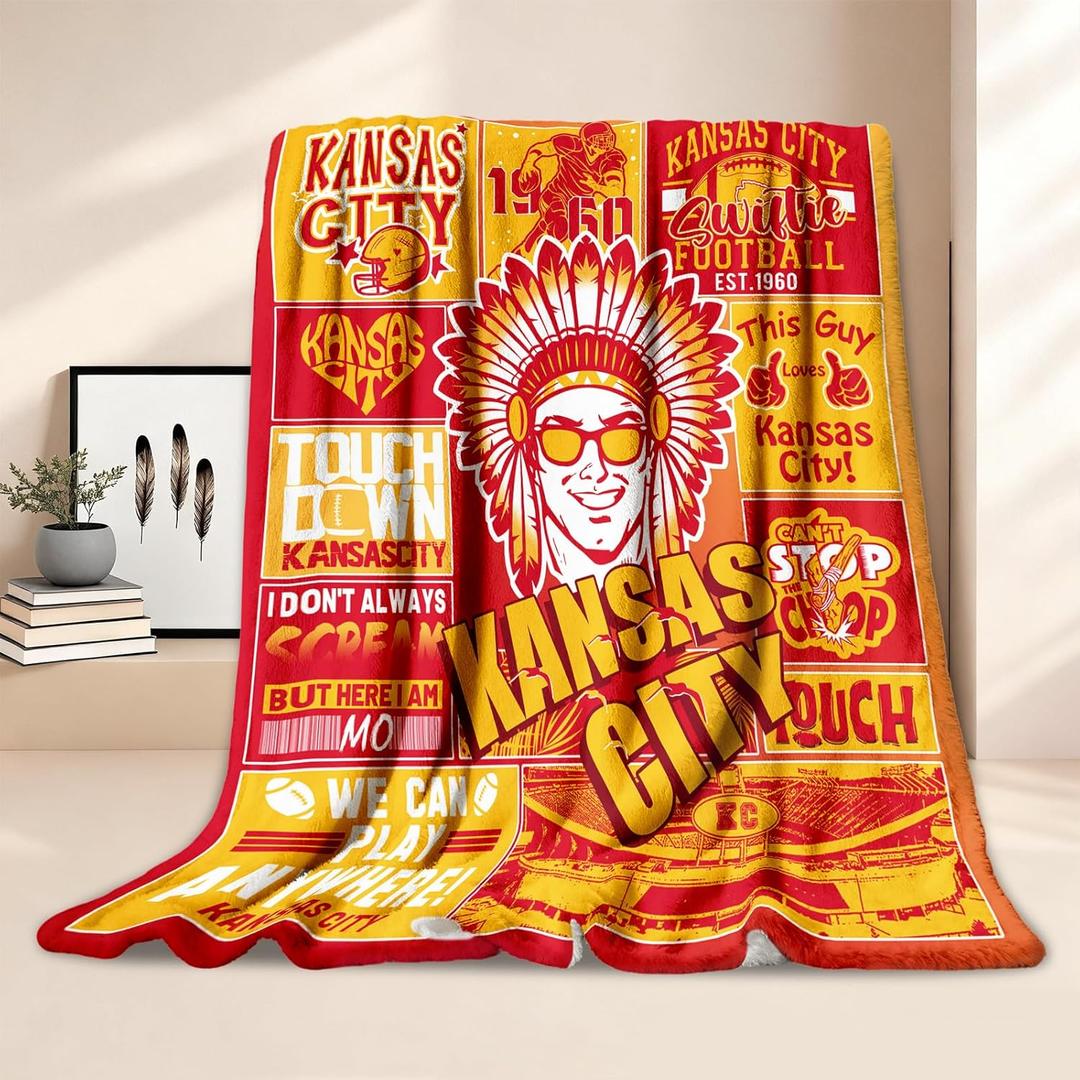 Mdyuzfk Football Throw Blanket 50"X 60" for Fans Gifts City Football Blanket Flannel Throw Blanket for Men Women Youth Kids Red Sofa Bed Couch Living Room (Kc)