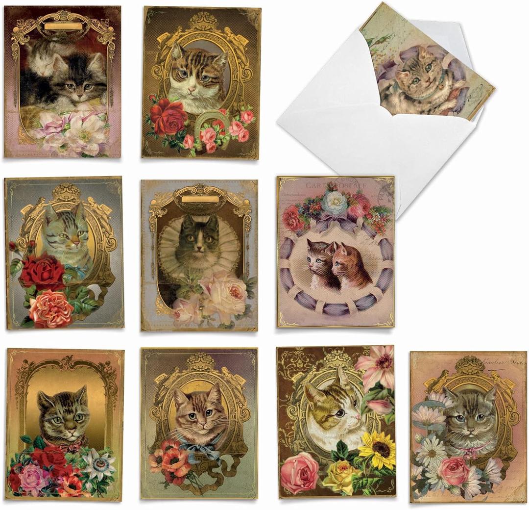 The Best Card Company 10 Assorted Thank You Notecards Box Set 4 x 5.12 Inch with Envelopes (10 Designs, 1 Each) Feline Frames M6638TYG