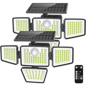 daphino 3000LM Solar Lights Outdoor with Motion Sensor,4 Head 270 Wide Angle Street Area Lights,IP65 Waterproof Security Lighting with 3 Modes(Remote,2 Pcs)