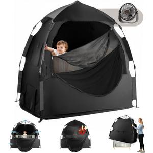 Warmoasis Blackout Tent for Pack and Play, 1-Click Setup, Mini Fan Included, Portable Fold N Go, Light Blocking&Breathable Baby Sleep Tent for Babies & Toddlers, Home&Travel Essential