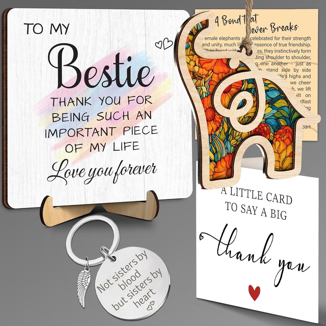 Best Friend Gift for Women - Work Besties Plaque, Elephant Sisterhood Ornament, Keychain, Card - Bestie Birthday Gift, Friendship, Valentines Gift for Women Friends, Thank You BFF Keepsake FF761 (4.7L" x 4.7W")