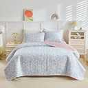 Joyreap 3 Pieces Cotton Quilt Set for Girls, Queen Size Colorful Flowers on Bluish Violet Design, Cozy Lightweight Quilt Bedspread Bed Cover for All Season- 90x90 inches