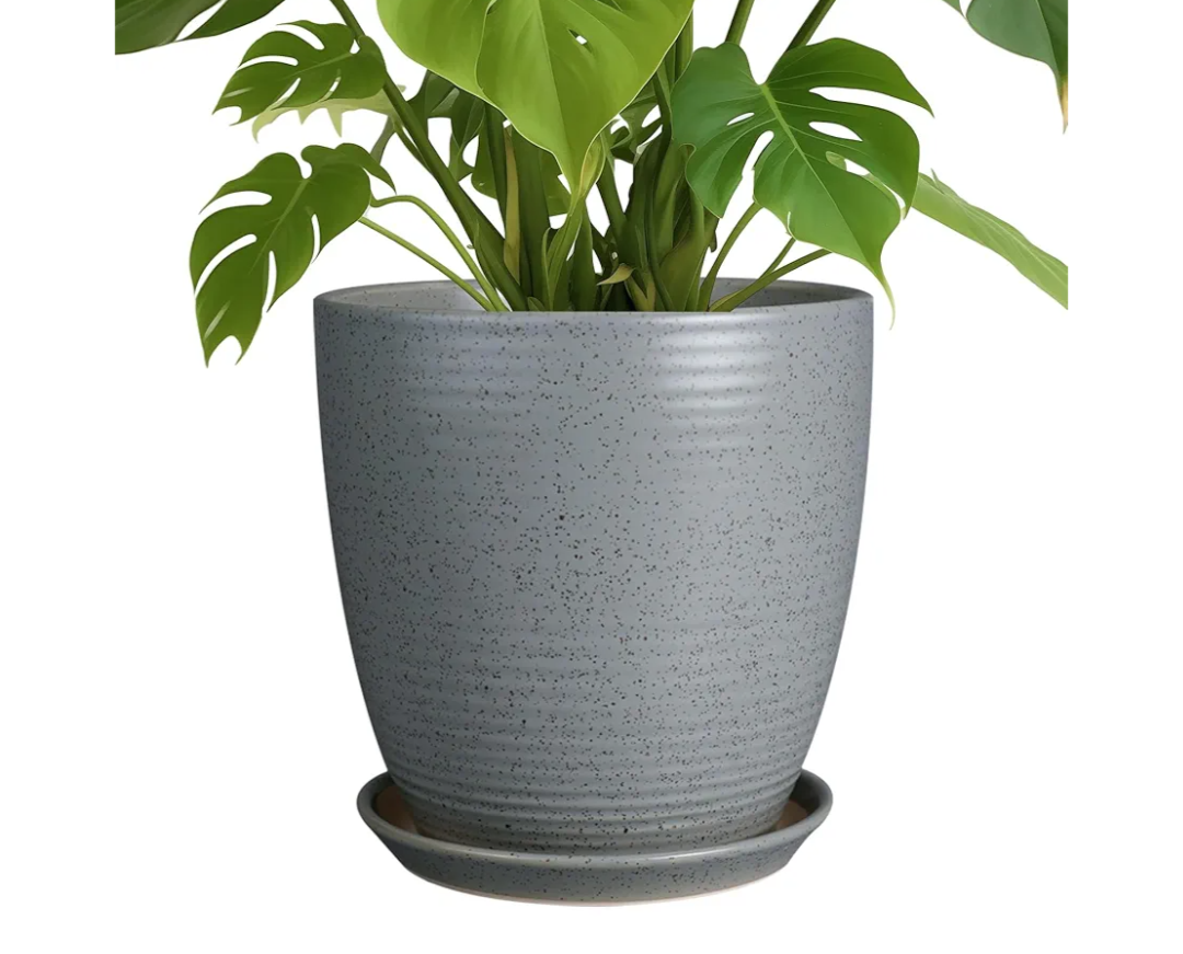 10 Inch Plant Pot, Ceramic Planters for Indoor Plants with Drainage and Saucer, Large Flower Pot for Home and Garden Decor, Light Gray