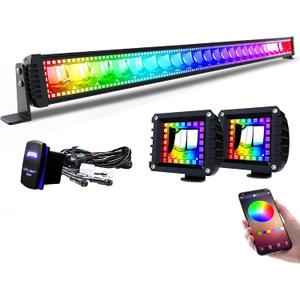 Lpteso RGBW LED Light Bar 50 inch 288W Flood Spot Combo Beam 2PCS 4 Inch 18W Flood RGB LED Pods with 16 Solid Colors Chasing RGB Halo Ring Changing with Strobe Flashing with Rocker Switch Wiring