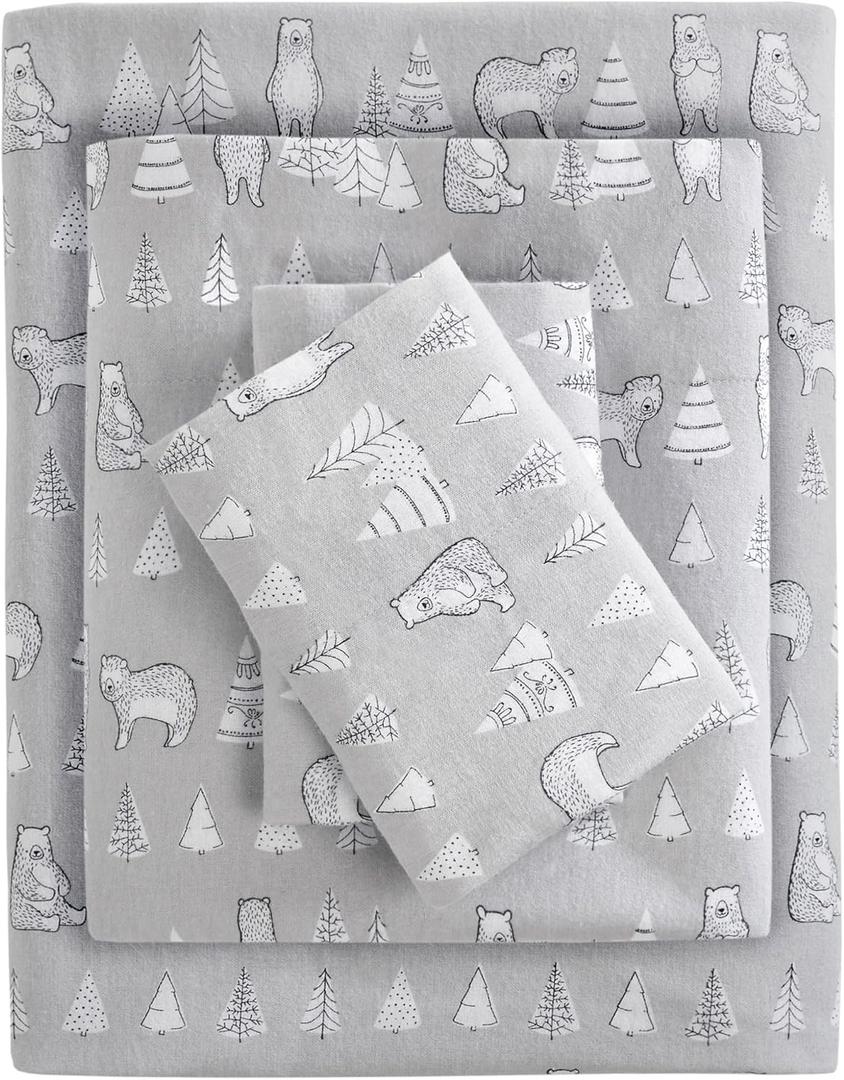 True North by Sleep Philosophy Cozy Flannel Warm 100% Cotton Sheet - Novelty Print Animals Stars Cute Ultra Soft Cold Weather Bedding Set, King, Bear 4 Piece