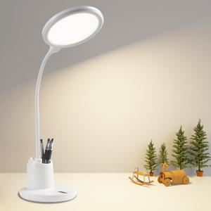 LED Desk Lamp Office Eye-caring 88LED Bright Table Reading Lamp, 2800-5500K Touch Stepless Dimming Desk Light, USB Charging Port Pen Holder for Phone, Flexible Gooseneck, for Dorm Essentials White