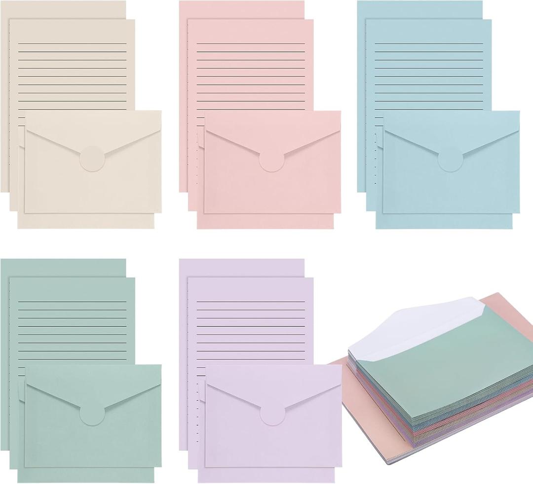 100 Pcs Stationery Lined Stationery Paper and Envelopes Set Includes 50 Letter Writing Paper and 50 Envelope for Office, 5.5 x 8.25 Inch(Pastel)