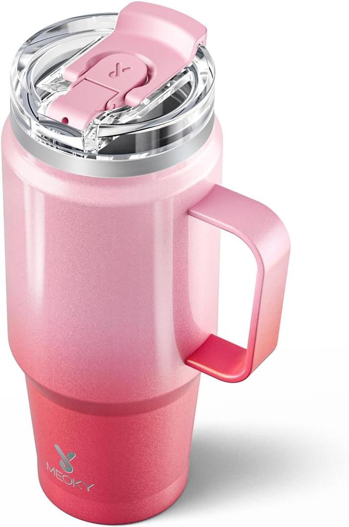 Meoky 32 oz Tumbler with Handle, Insulated Tumbler with Lid and Straw, Stainless Steel Travel Mug, 100% Leak Proof, Keeps Cold for 24 Hours or Hot for 8 Hours, Fits in Car Cup Holder (Flamingo)