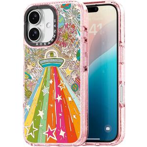 for iPhone 16 Case Cute - Durable Shockproof 6.6 ft Drop Impact Phone Case - Funny ET Alien Design (6.1") Glitter Pink