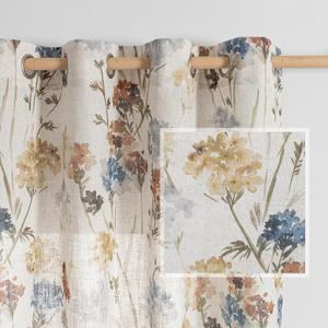 MYSKY HOME Linen Curtains 54 inch Floral Pattern Light Filtering Privacy Protect Drapes for Window Decoration Rustic Vintage Style for Bedroom Family Room, 52" Wide, Yellow, 2 Pcs