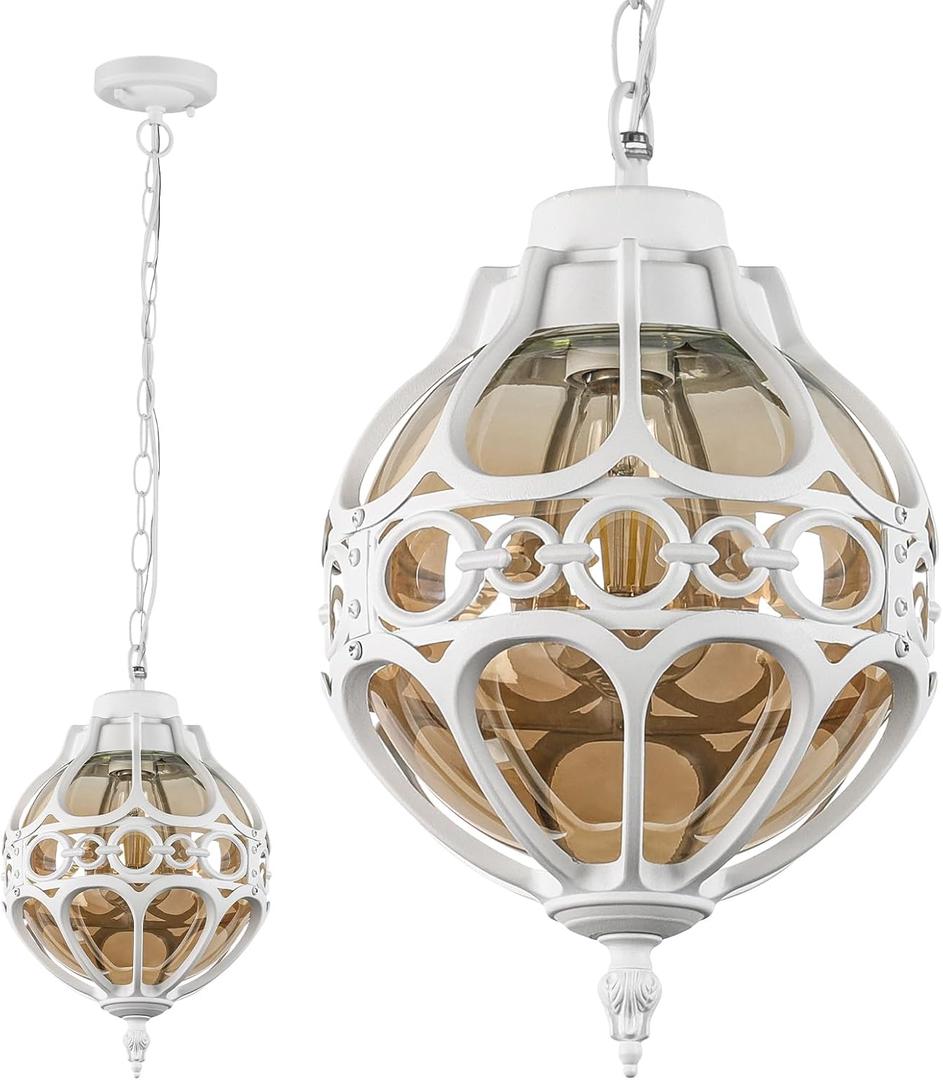 Globe Outdoor Pendant Lights, White Aluminum Waterproof Hanging Light Fixture for Porch Entryway Hallway, Vintage Round Exterior Chandelier, Outside Pendant Lamp with Amber Glass, 13"H-1 Pack