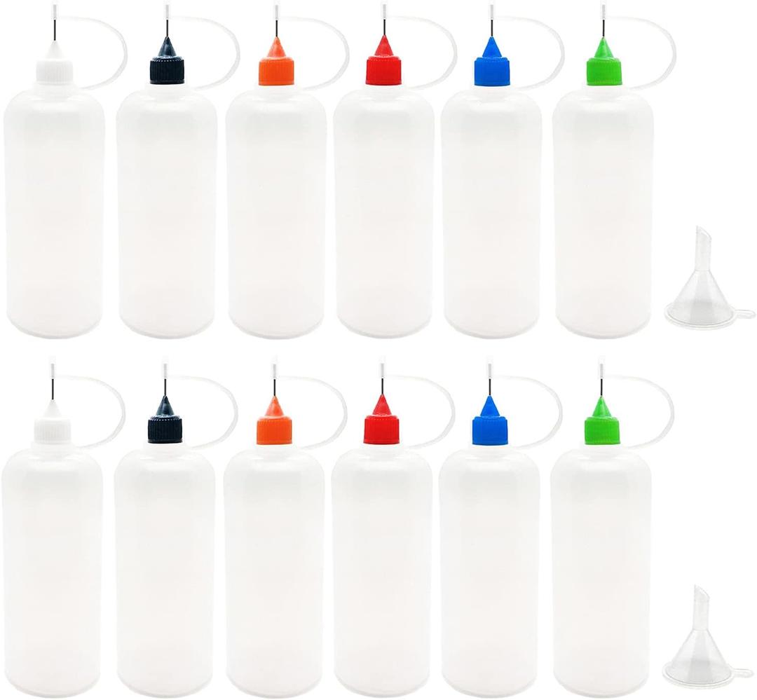 12 Pcs Precision Tip Applicator Bottles, 120ml /4 Ounce Needle Tip Bottle, with 2 Funnel for Paper Quilling DIY Craft, Multicolor Lids