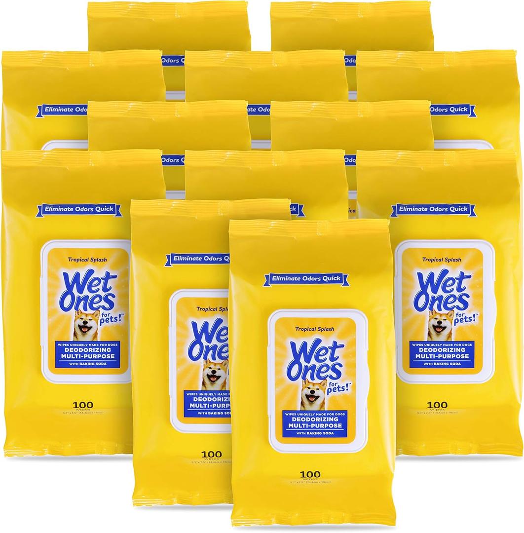 Wet Ones for Pets Deodorizing Multipurpose Dog Wipes with Baking Soda, Tropical Splash Scent - Deodorizing Dog Grooming Wipes with Wet Lock Seal, 100 Count - 12 Pack