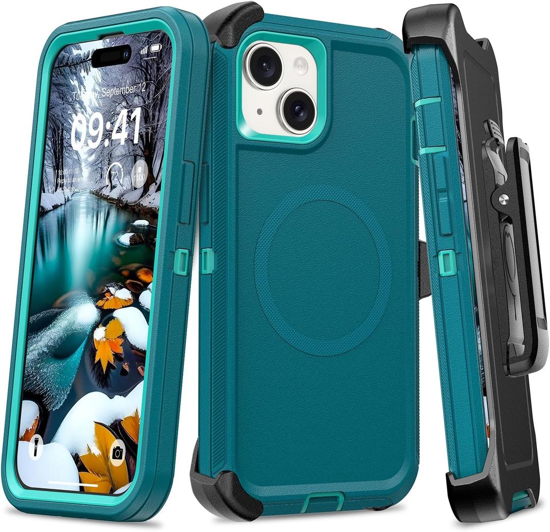 Magnetic Case for iPhone 13/14/15 with Belt Clip Holster, Heavy Duty Protection, Dark Green