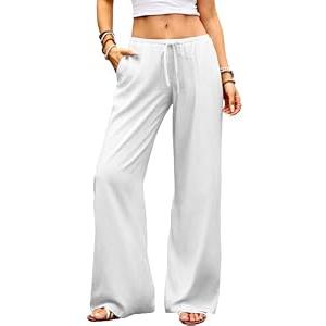 ELLEVEN Low Rise Wide Leg Linen Pants for Women Baggy Palazzo Flowy Trousers Cotton Lightweight Summer Beach Vacation Clothes White Medium