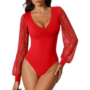 Avidlove Womens Long Sleeve Bodysuit Double Lined V Neck Lace Puff Sleeves Going Out Top Shirts Thong Leotard Body Suit S