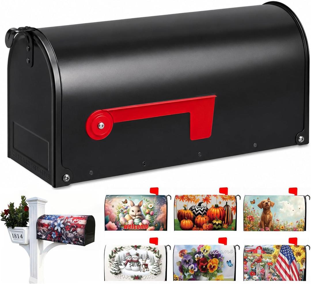 Mailbox with Random Assorted 6 Magnetic Mailbox Covers, Die-Cast Metal Post Mount Mailbox, Black Large Capacity Outdoor Mailbox,  Spacious 19" × 8.7" × 7" interior fits letters, magazines, and small packages, Fits standard 4×4 posts
