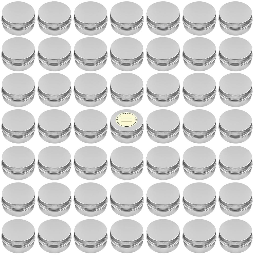 TUZAZO 48Pack 2 Oz Aluminum Tin Cans with Screw Lid and Labels, Refillable Travel Sized Cosmetic Containers Small Tins for Salves, Lotion Bars, Beard Balms, Candles