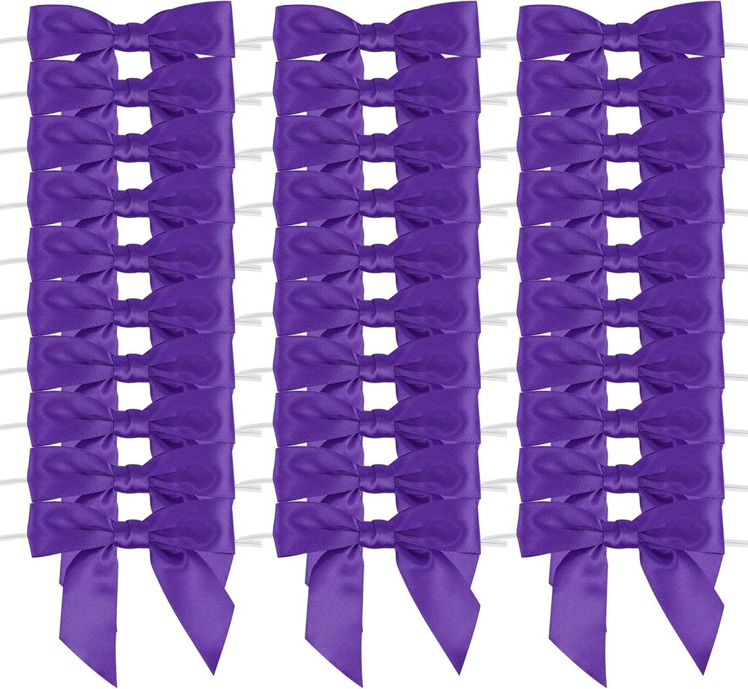 AIMUDI Purple Bows Christmas Decorations 3.5" Pre Tied Satin Ribbon Bows Premade Twist Tie Bows for Treat Bags Ribbon for Cake Pop Candy Apple Small Bows for Crafts Gift Wrapping Party Favor-50 Counts