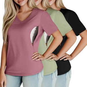Huukeay 3 Pack Women's Maternity Nursing Tops, Hidden Zippers Breastfeeding Clothes V Neck Short Sleeve Pregnancy Shirts Tees(Black,Light Green,Greyish Pink,Large) (L)