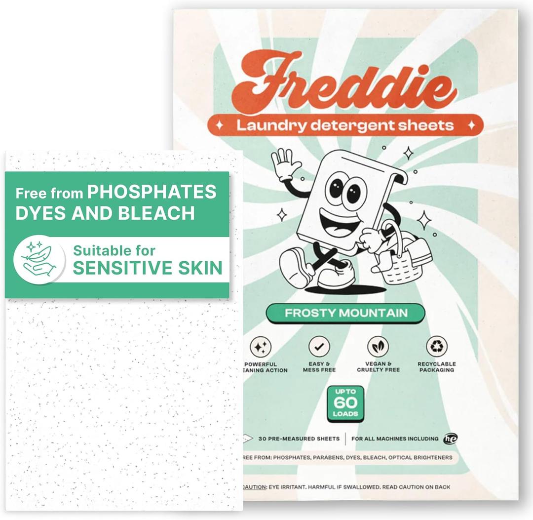 Freddie Laundry Detergent Sheets - Recyclable Packaging - No Mess Strips - 60 Loads - Crisp Frosty Mountain Scent (30 Count (Pack of 1))