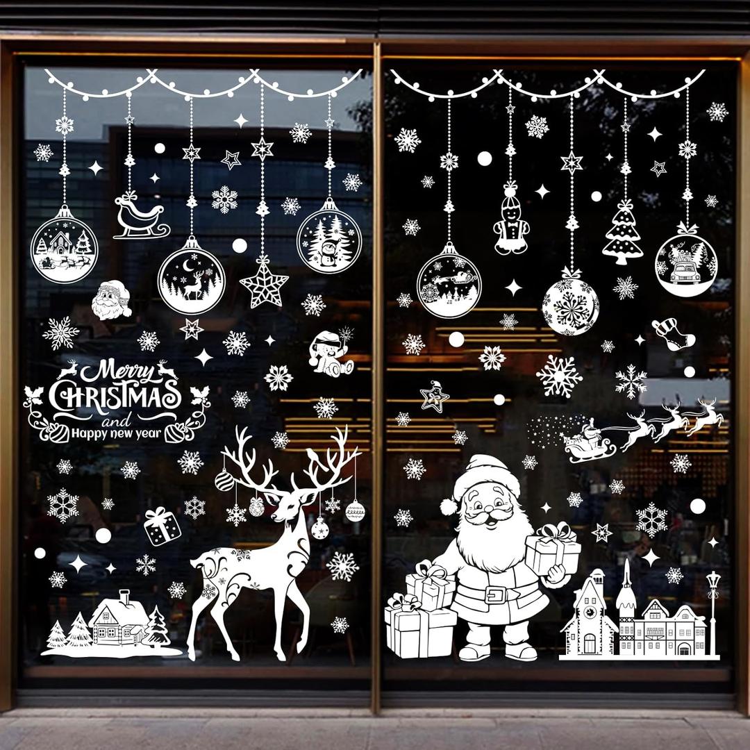 202Pcs Christmas White Window Clings Xmas Windows Stickers Snowflake Santa Claus Window Decal Reusable Double Sided Printed Self-Adhesive Windows Decoration for Xmas Holiday Winter Party 9 Sheets