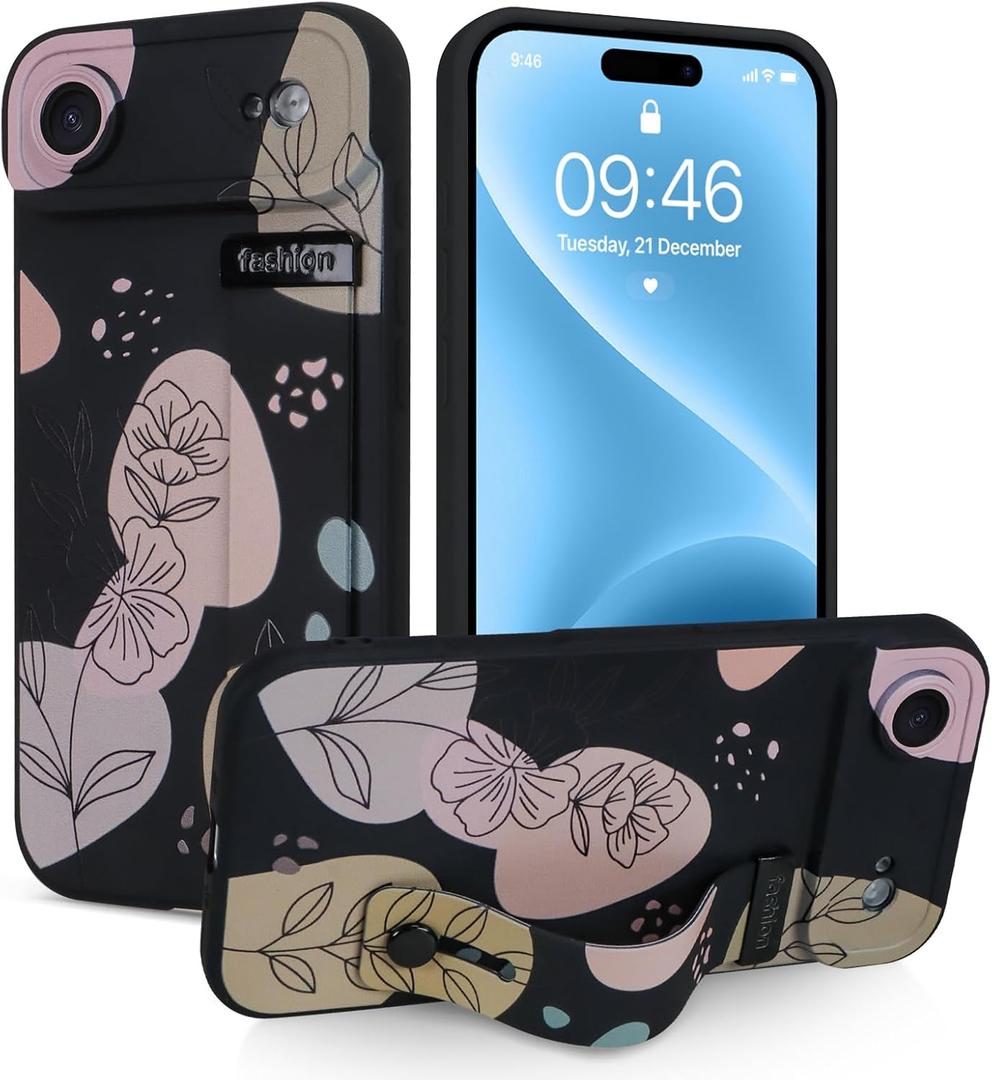 Case for iPhone Air Silicone Phone Case with Strap for Women Girls Cute Floral Flowers Design, Adjustable Finger Strap Kickstand Protective Cover, Black