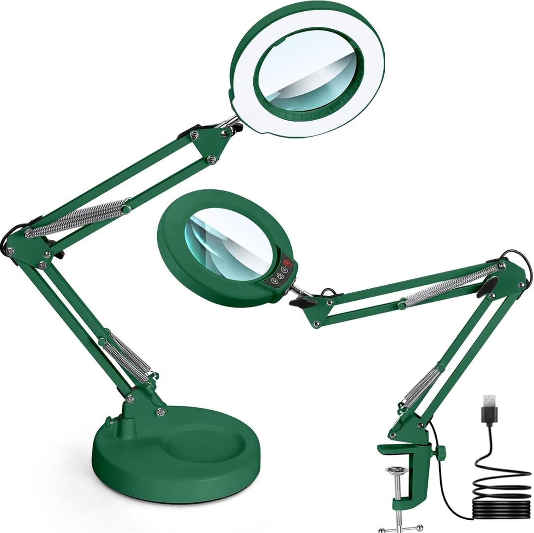 10X Magnifying Glass with Light and Stand, Upgrade Button 5 Color Modes Stepless Dimmable, 2-in-1 LED Lighted Magnifier Light, Hands Free Desk Lamp with Clamp for Craft Hobby Close Work - Green
