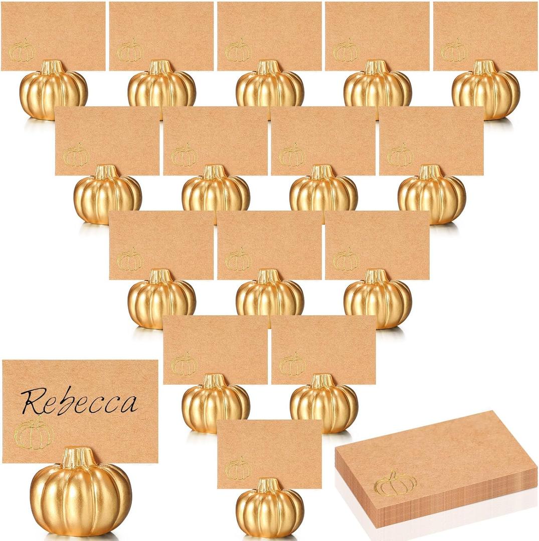 Yaomiao 16 Pcs Thanksgiving Table Decor Pumpkin Place Card Holders Mini Name Number Holders for Thanksgiving Table Setting Fall Autumn Party Photo Picture Wedding Decor(Gold)