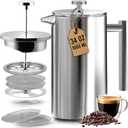 Utopia Kitchen 304 Grade Stainless Steel French Press Coffee Maker 34 Oz, Double Wall Insulated Coffee Press with 4-Level Filtration System, Include 2 Extra Filters, Rust-Free, Dishwasher Safe, Silver