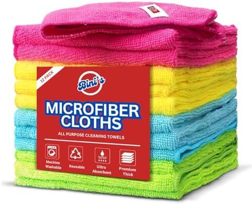 BINI'S Premium Microfiber Cleaning Cloth, Ultra Absorbent, Lint Free, Streak Free, Non-Abrasive, Reusable and Washable, 12" x 12", Blue/Green/Yellow/Pink, Pack of 12