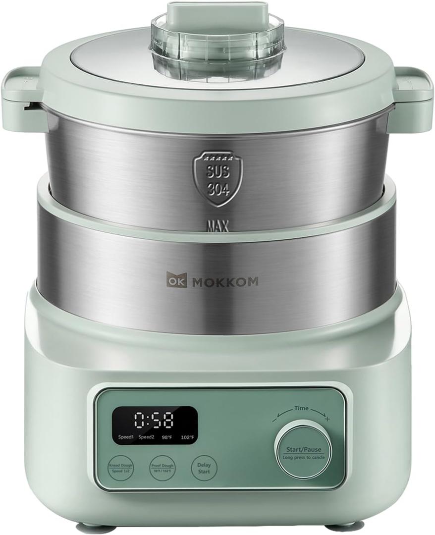 MOKKOM Electric Dough Maker with Proof Dough Function, Microcomputer Timing, 6.34Qt 304 Stainless Steel Bowl, Household Dough Maker Kitchen Flour Kneading Machine, Green