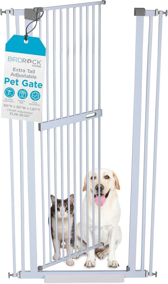 BIRDROCK HOME Extra Tall Pet Gate for Doorways | 60in Tall Cat or Dog Indoor Gate | Adjustable 31in-36in Width | Auto Close | Includes Protective Wall Cups - White