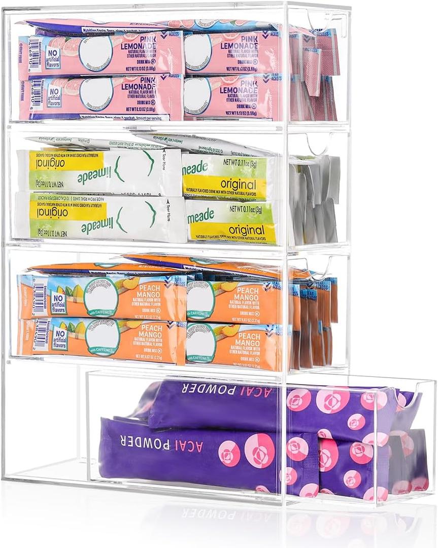 AIEVE Drink Packet Organizer, Drink Mix Holder with 4 Clear Drawers, Acrylic Water Flavor Packets Container, Kitchen Storage Organizers for Pantry Home Organization