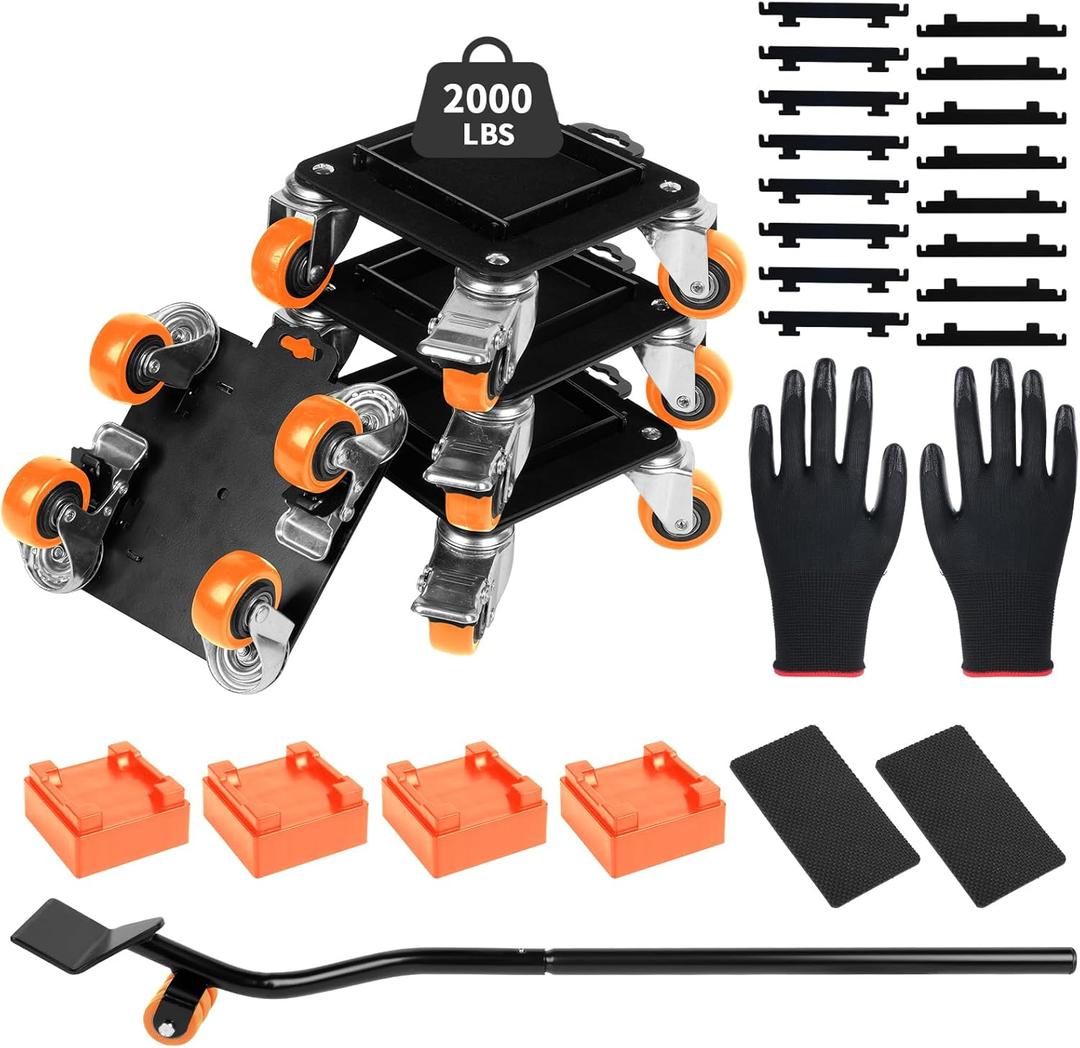 Heavy Duty Furniture Movers with 4 Wheels,Furniture Lift Mover Tool Set with 2000 lbs Load Capacity, Easy Sliders Dolly with Removable Side Guards&Brake, for Moving Appliance,Sofa etc (Orange)