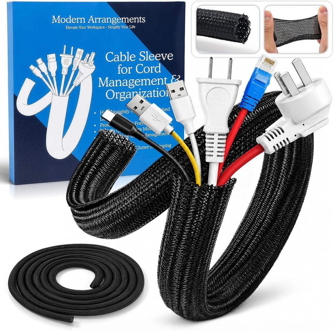 Cable Management Sleeve & Cord Organizer for Desks - Wire Management Cover to Wrap & Protect Messy Cables for Computers, TV & Electronics - 10 ft x 0.5"