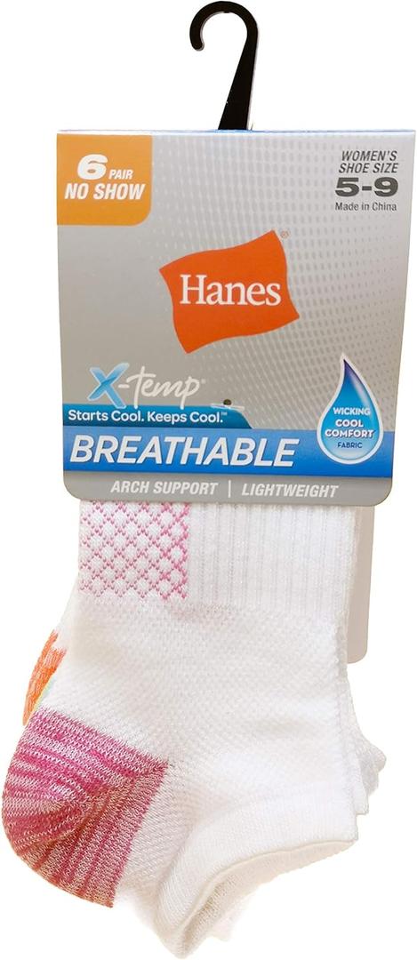 Hanes Women's Socks, Lightweight Breathable Socks, No Show and Super No Show, 6-Pack (5-9, White/Multicolor)