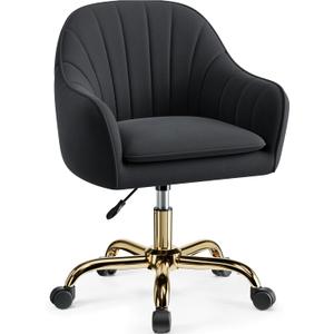 Vanity Chair with Wheels, Comfy Home Office Desk Chairs Adjustable Modern Velvet Makeup Vanity Chairs for Bedroom Living Room-Black