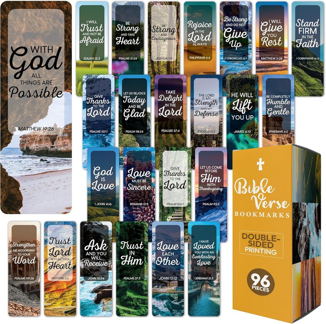 96 Bible Bookmark Pack with Bible Verses  Multiple Designs  Inspirational Christian Bookmarks for Women & Men  Bible Book Markers for Classroom, Bible Study, Church Supplies (6" x 2", Realistic Scenery)