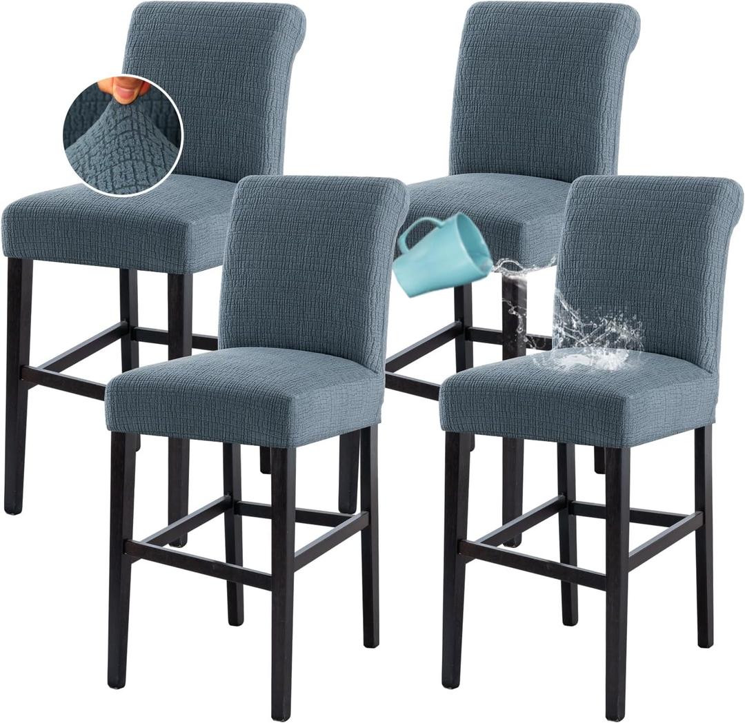 H.VERSAILTEX 100% Waterproof Barstool Covers Slipcovers Washable Counter Stool Pub Chair Slipcover for Dining Room Removable Jacquard Crizzle Pattern Height Stool Seat Covers Set of 4, Stone Blue