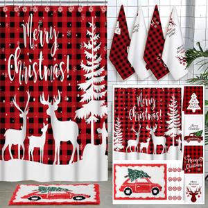 Fourluoo 18 Pcs Fabric Shower Curtain Set with 12 Decorative Shower Curtain Hooks Bathroom Towels Non Slip Absorbent Microfiber Rug for Modern Aesthetic Bathroom(Red,Christmas)
