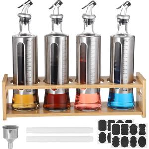 4 Pcs Oil Dispenser Bottles Set, Glass Olive Oil Bottles with Wooden Rack, 17oz/500 ml Vinegar Dispensers with Spouts, Includes Metal Funnel, Labels, and Markers for Kitchen