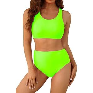 Holipick Women High Waisted Bikini Set Two Piece Scoop Neck Swimsuit Criss Cross Back Bathing Suit, Size 2XL, Neon Green