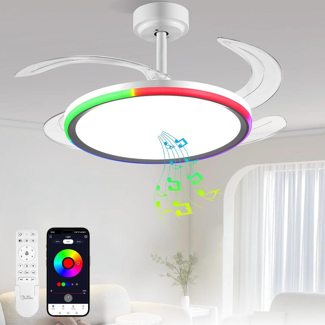 BAYSQUIRREL Slim RGB Retractable Ceiling Fan with Light and APP/Remote Control, 42inch Modern Smart Ceiling Fan with Bluetooth Speaker, Dimmable Full Spectrum with Memory, 6-Speed Reversible Fan,White