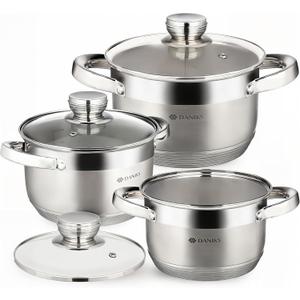 Daniks Standard 6-Piece Stainless Steel Cookware set with Glass Lid, Tri-Ply Bases for Even Heating, Induction Compatible, Dishwasher Safe, Built-In Measuring Scale, Silver